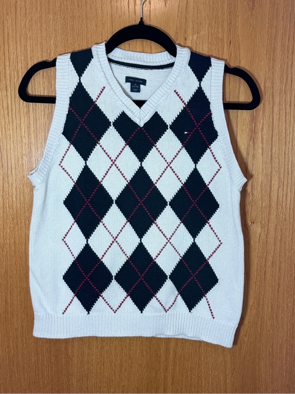 Tommy Hilfiger Boys M 12/14 Argyle Sweater Vest Navy Cream Red